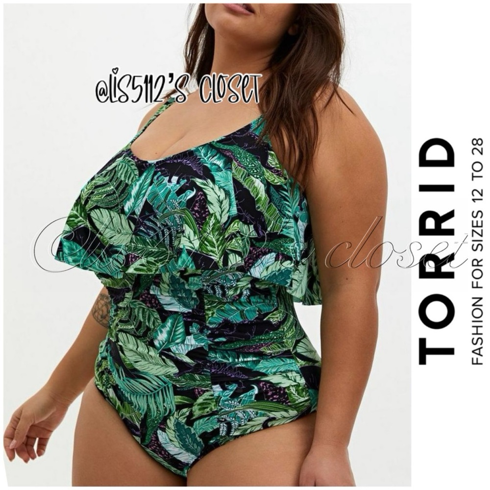 Torrid Green Tropical Dinosaur Dino Wireless Flounce One Piece Swimsuit 4X 26